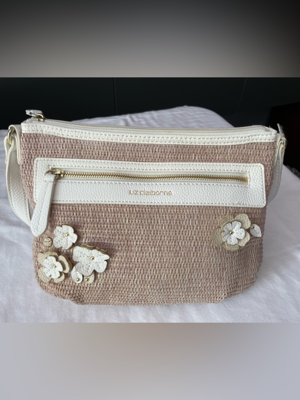 Liz Claiborne Beige and White Floral Appliqué Woven Crossbody Bag